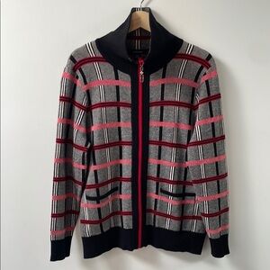 Alison Sheri plaid checkered cardigan jacket zip up L red white black collar